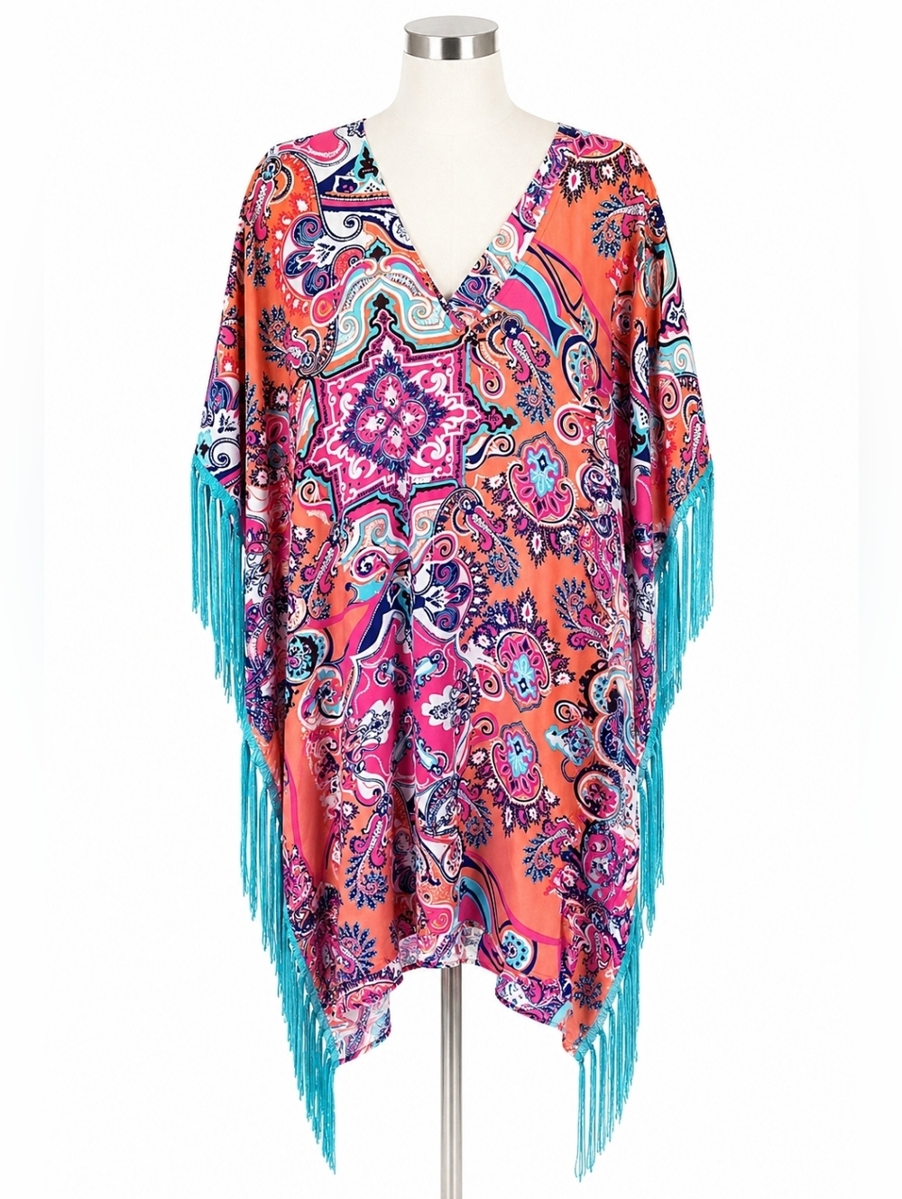 Macbeth Women's Bright Colorful Fringe Trim Poncho Top Cover Up M Boho Festival